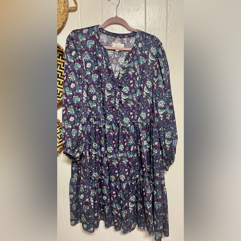 Destination 365 Printed Long-Sleeve Split-Neck Dress Tiered size Large